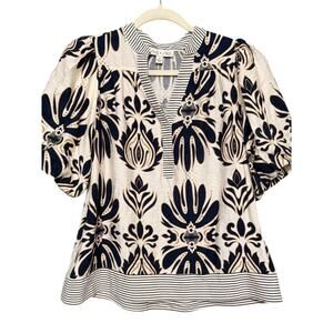 She & Sky Navy Cream Floral Print Blouse Striped Trim Boho Top Size Small